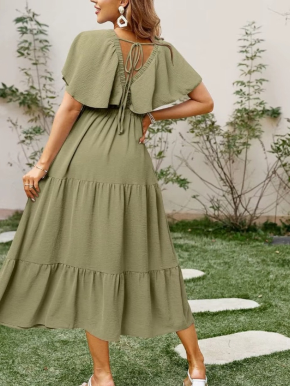Simplee Apparel Olive Green Maxi Dress with Flutter Sleeves - Picture 2 of 11